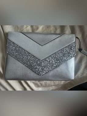 Charming Charlie Silver Glitter Chevron Evening Clutch